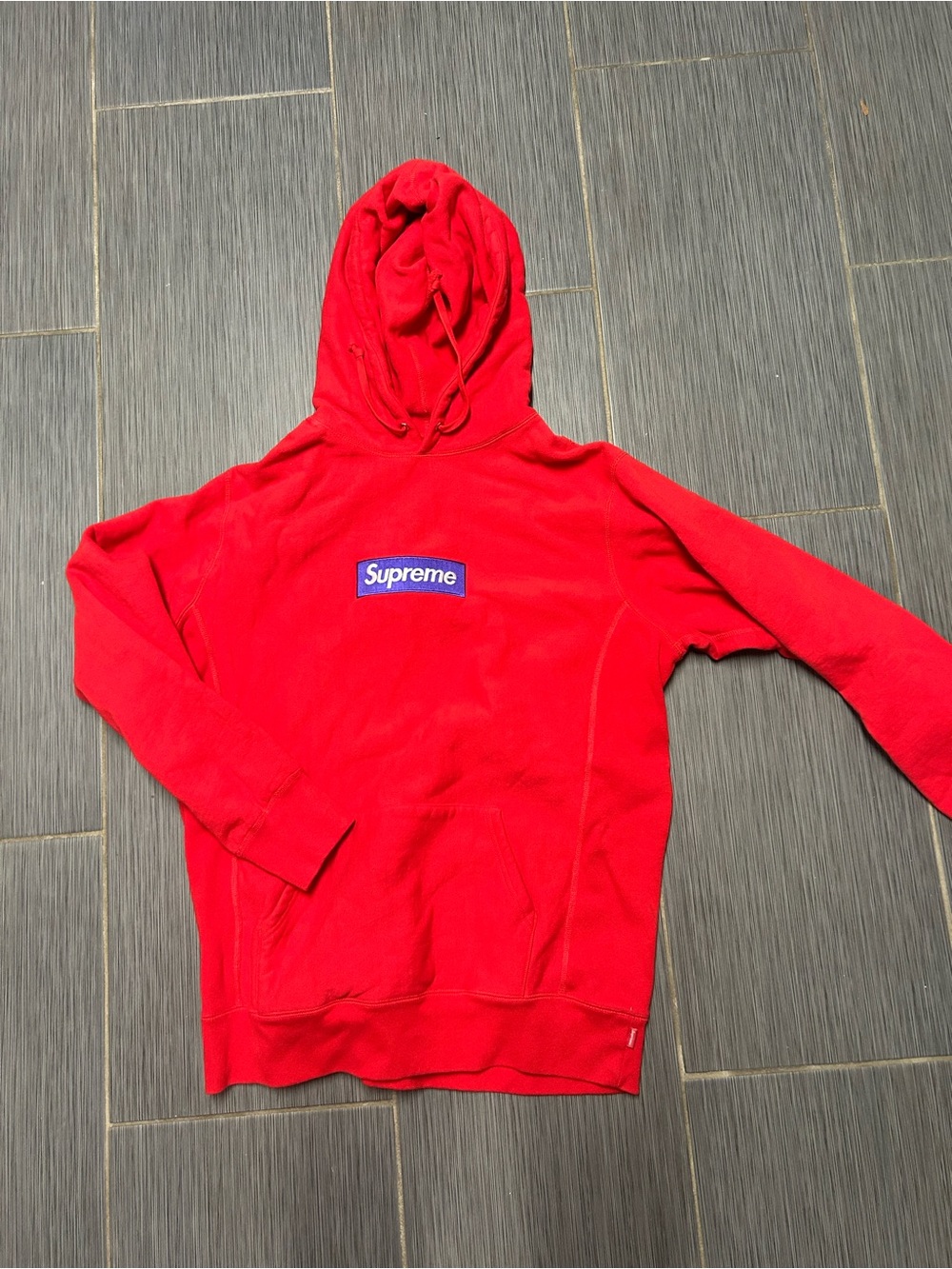 Supreme Red Box Logo Hoodie with Blue Patch